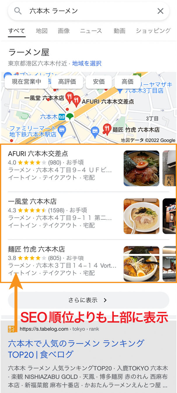 ローカルパックはSEOの検索ランキングより上部に表示される