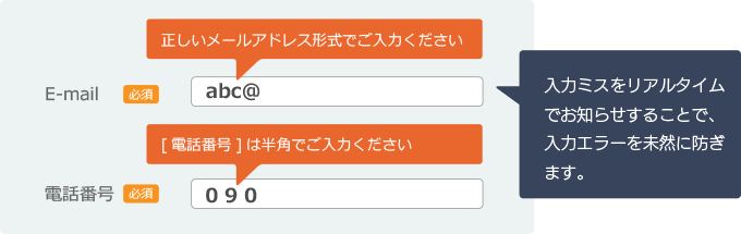 入力ミスをリアルタイムでお知らせすることで、入力エラーを未然に防ぎます。