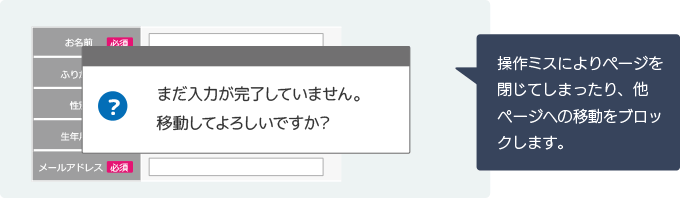 操作ミスによりページを閉じてしまったり、他ページへの移動をブロックします。