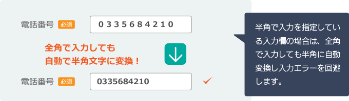 半角で入力を指定している入力欄の場合は、全角で入力しても半角に自動変換し入力エラーを回避します。