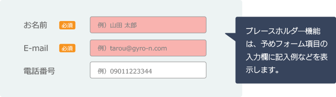 プレースホルダ―機能は、予めフォーム項目の入力欄に記入例などを表示します。