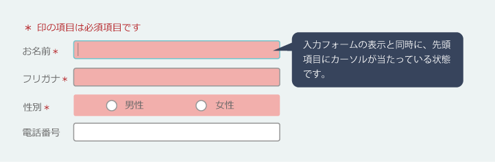 入力フォームの表示と同時に、先頭項目にカーソルが当たっている状態