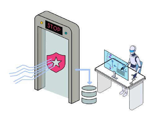 AIの捏造(ハルシネーション)を防ぐセキュリティゲートの図。情報不足時に文章生成を自動停止する「安全装置」機能の作動イメージ。