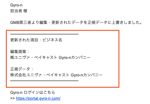 編集・更新されたデータを正規にデータに上書きした内容の通知メールが届く
