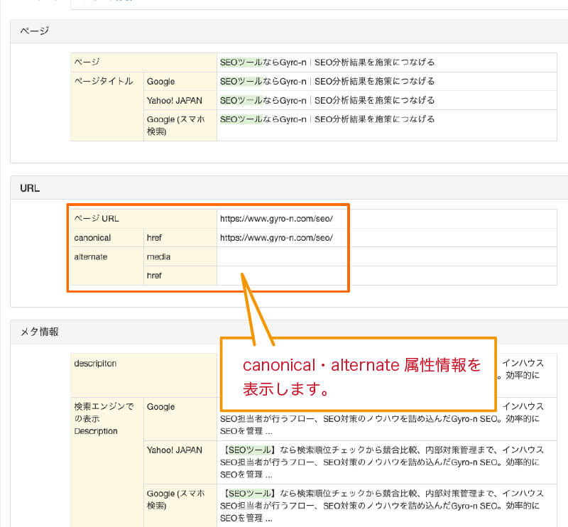 Gyro-n SEOのページ分析機能でcanonical属性をチェック