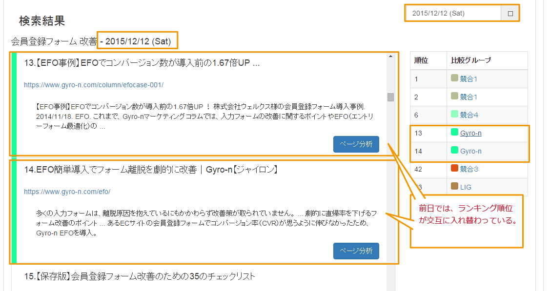 検索結果プレビュー表示例（ランキング順位の入れ替わり）