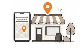 実店舗への集客を表す店舗と地図のイラスト